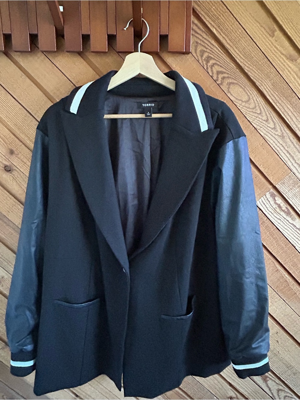torrid Black Mixed-Media Bomber Blazer with Light Blue Trim - Picture 1 of 4